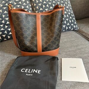 Celine Tan and Black Monogram Bucket Bag